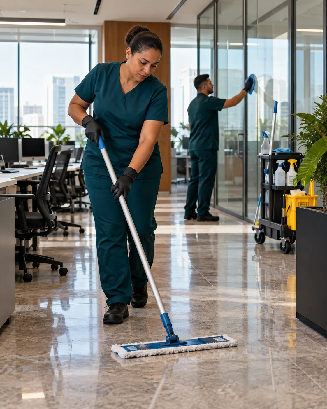 Profissional de empresa parceira fazendo limpeza corporativa