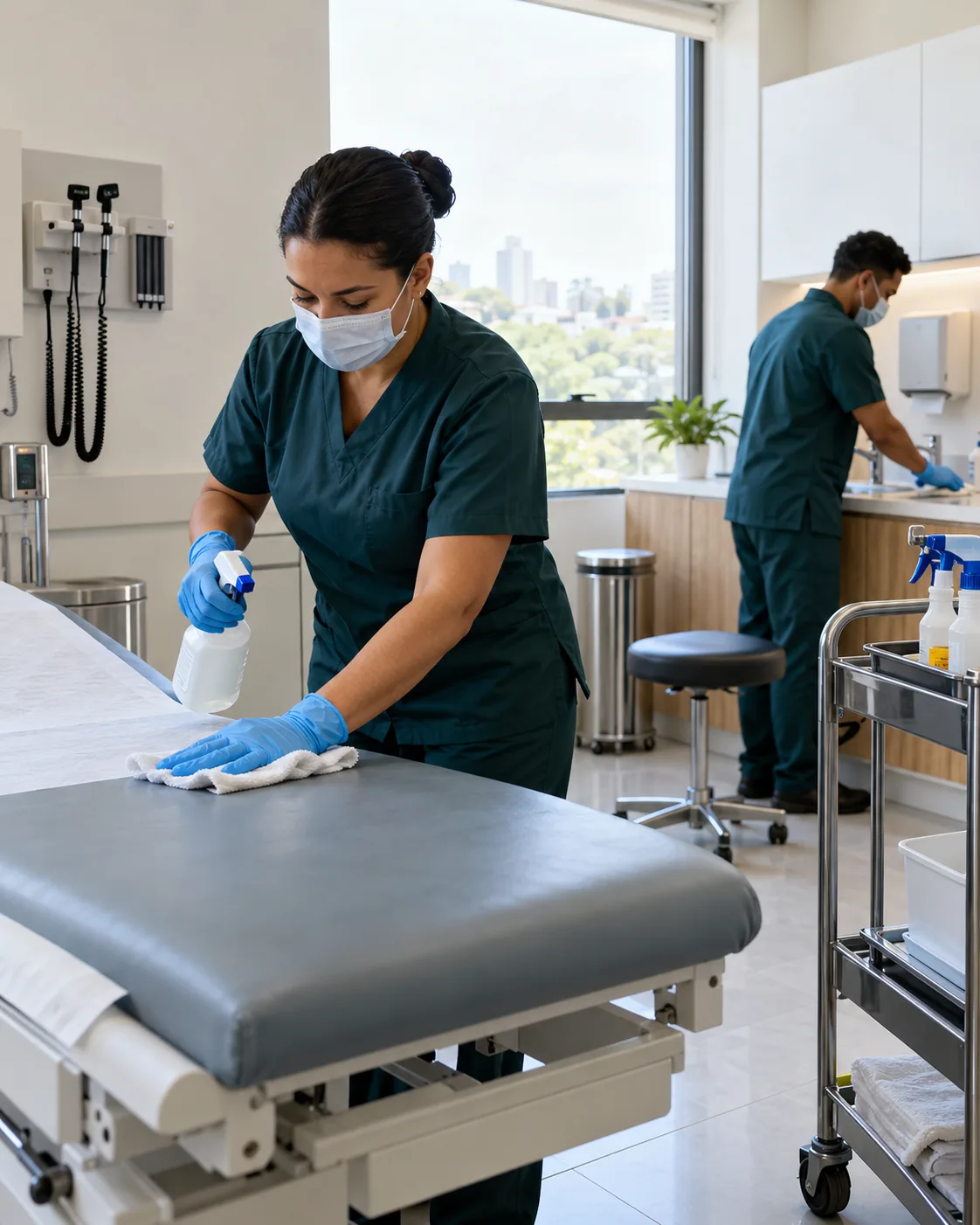 Profissional de empresa parceira fazendo limpeza de clínica médica