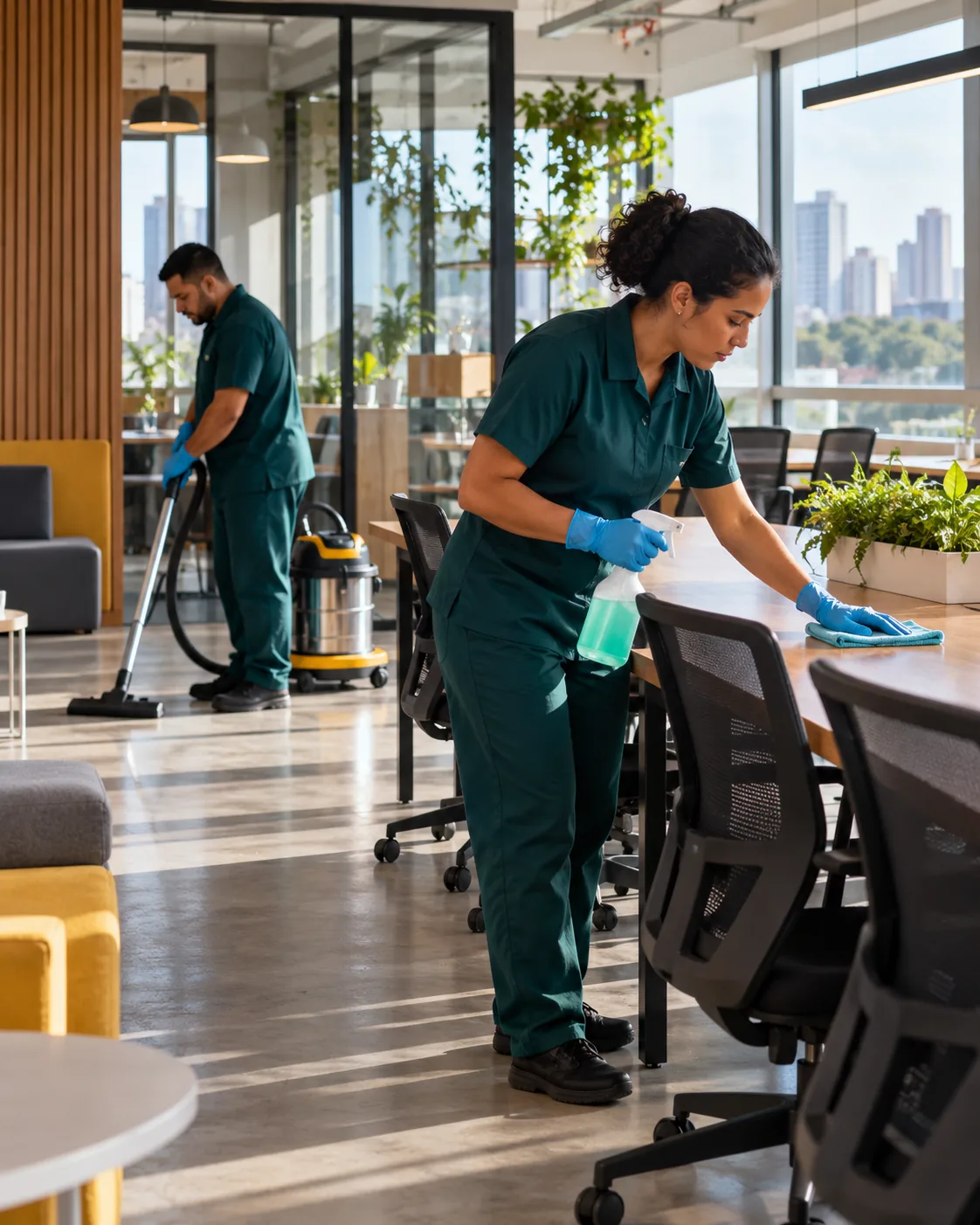 Profissional de empresa parceira fazendo limpeza de coworking