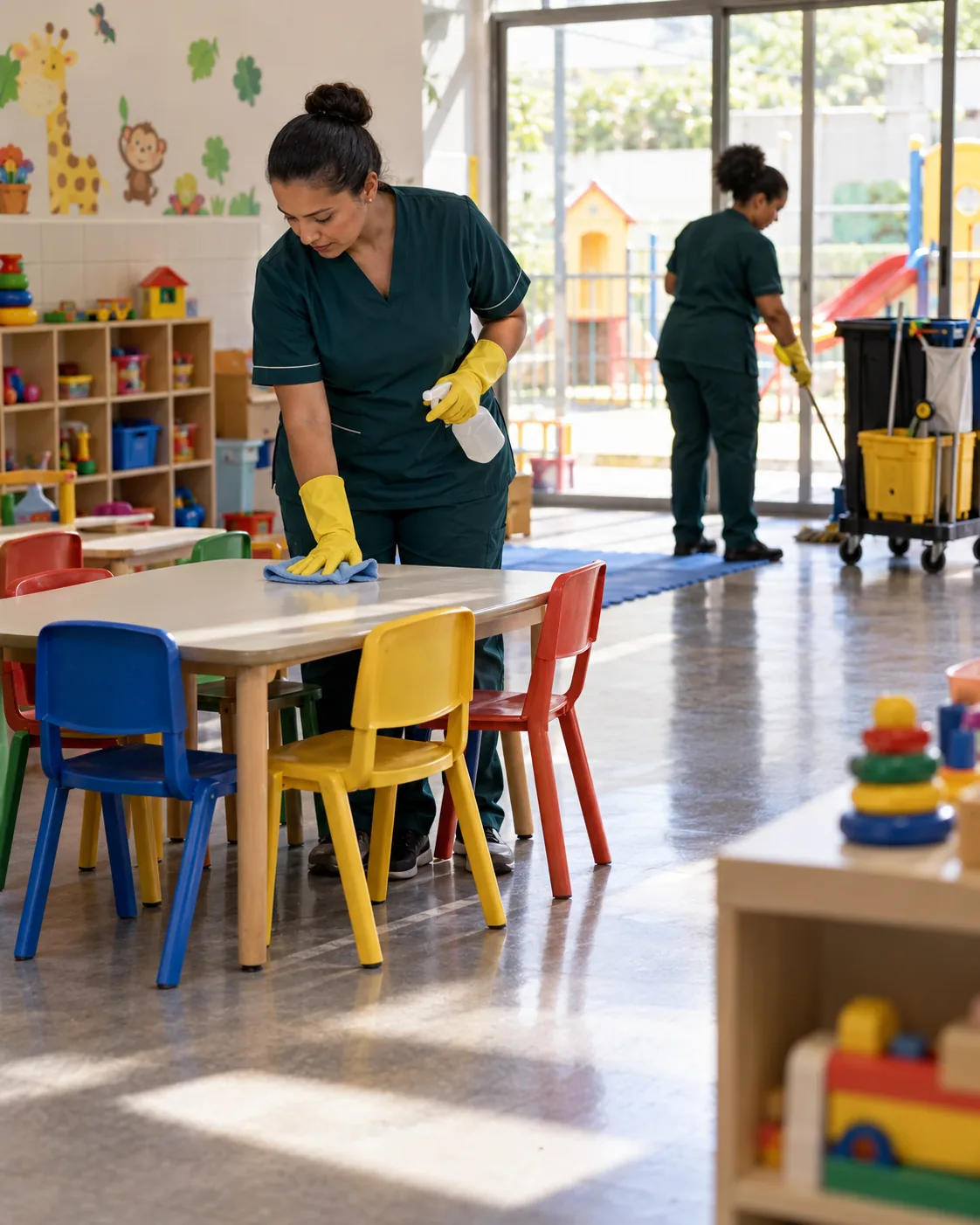 Profissional de empresa parceira fazendo limpeza de creche