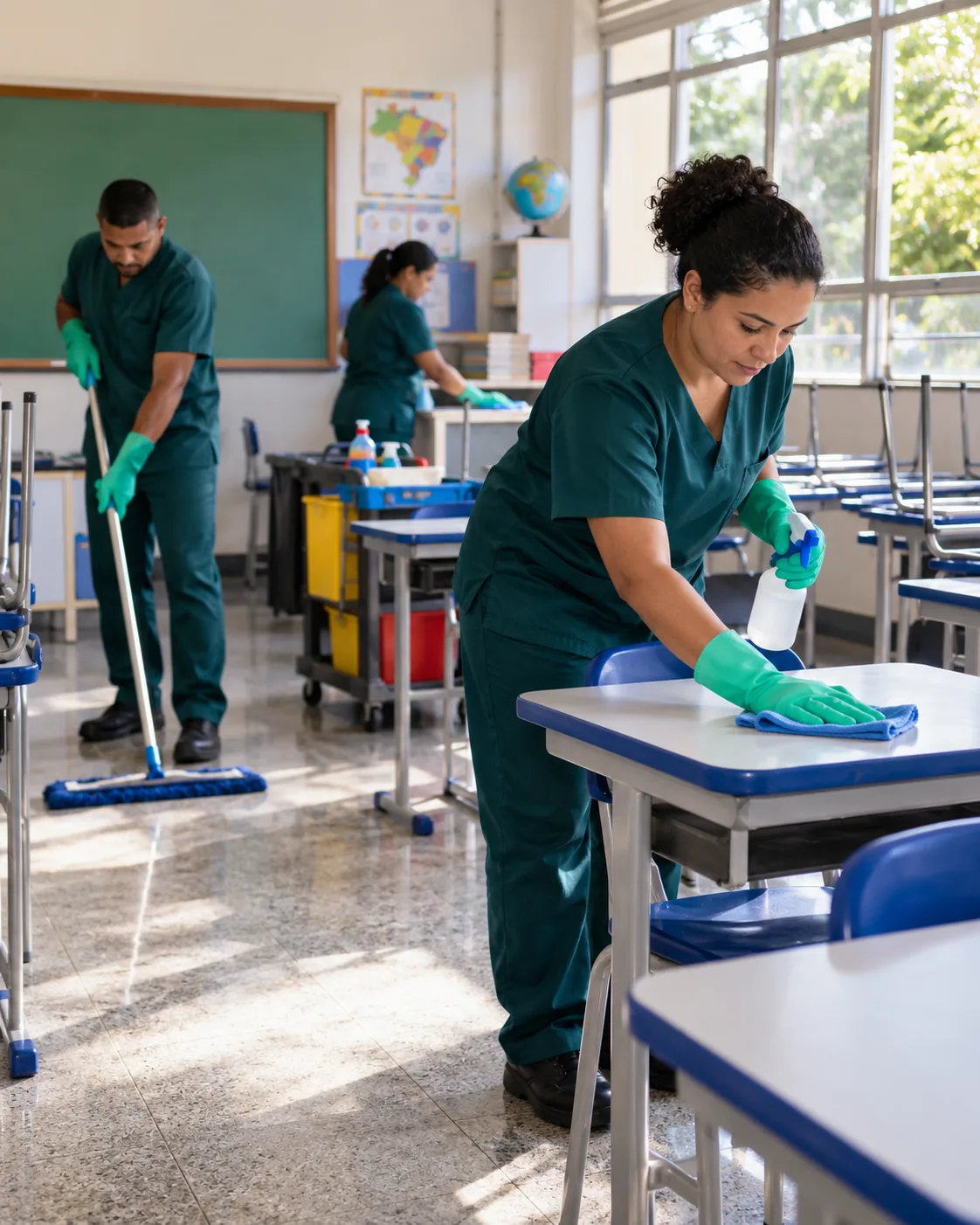 Profissional de empresa parceira fazendo limpeza de escola