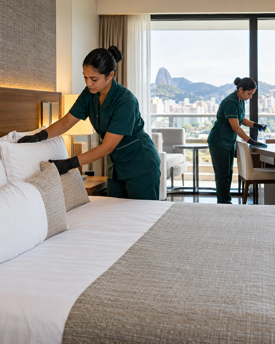 Profissional de empresa parceira fazendo limpeza de hotel