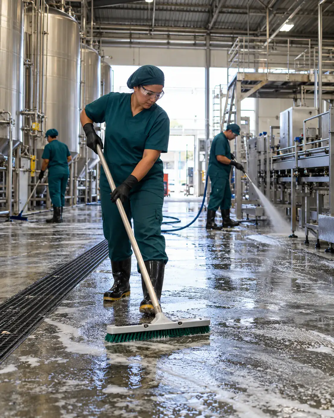 Profissional de empresa parceira fazendo limpeza de indústria
