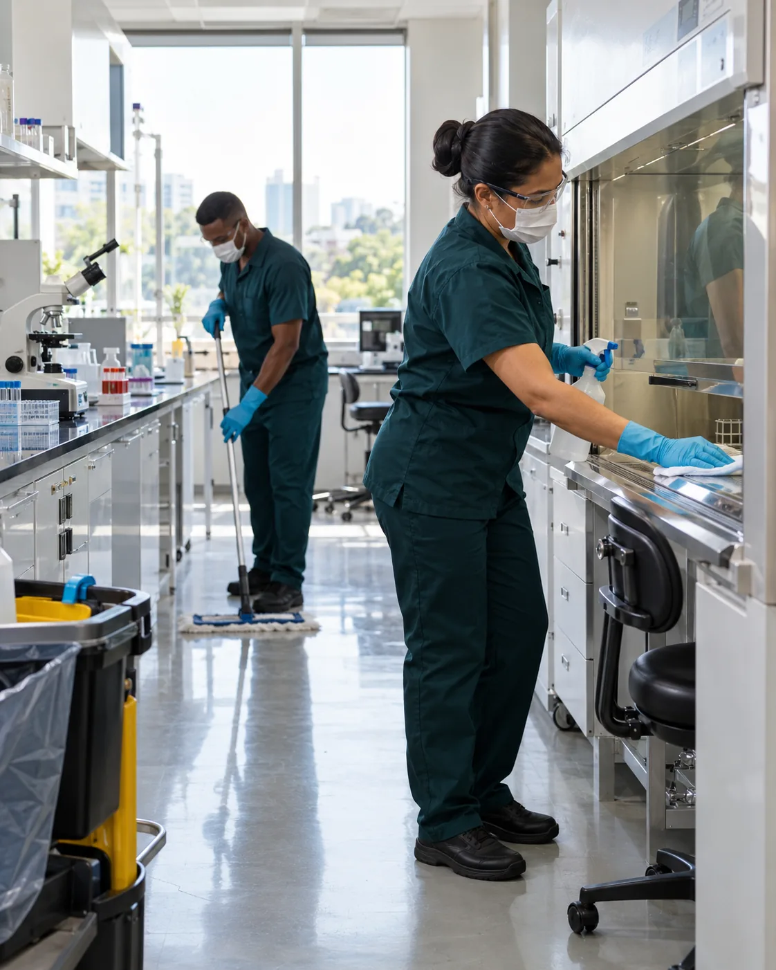 Profissional de empresa parceira fazendo limpeza de laboratório