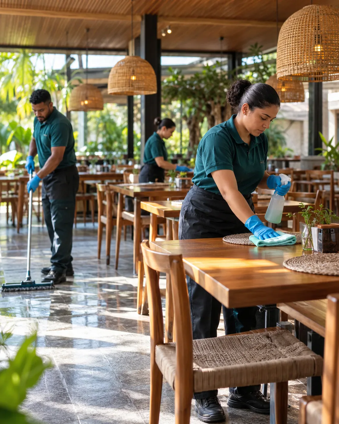 Profissional de empresa parceira fazendo limpeza de restaurante