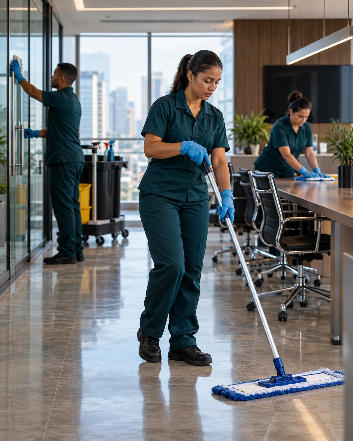 Profissional de empresa parceira fazendo terceirização de limpeza