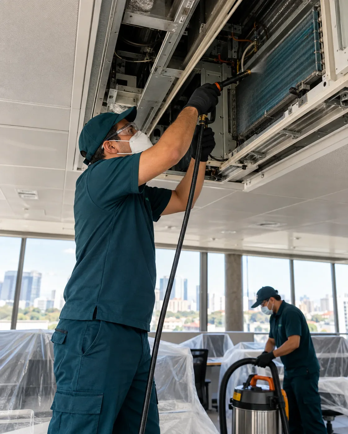 Profissional de empresa parceira fazendo higienização de ar central