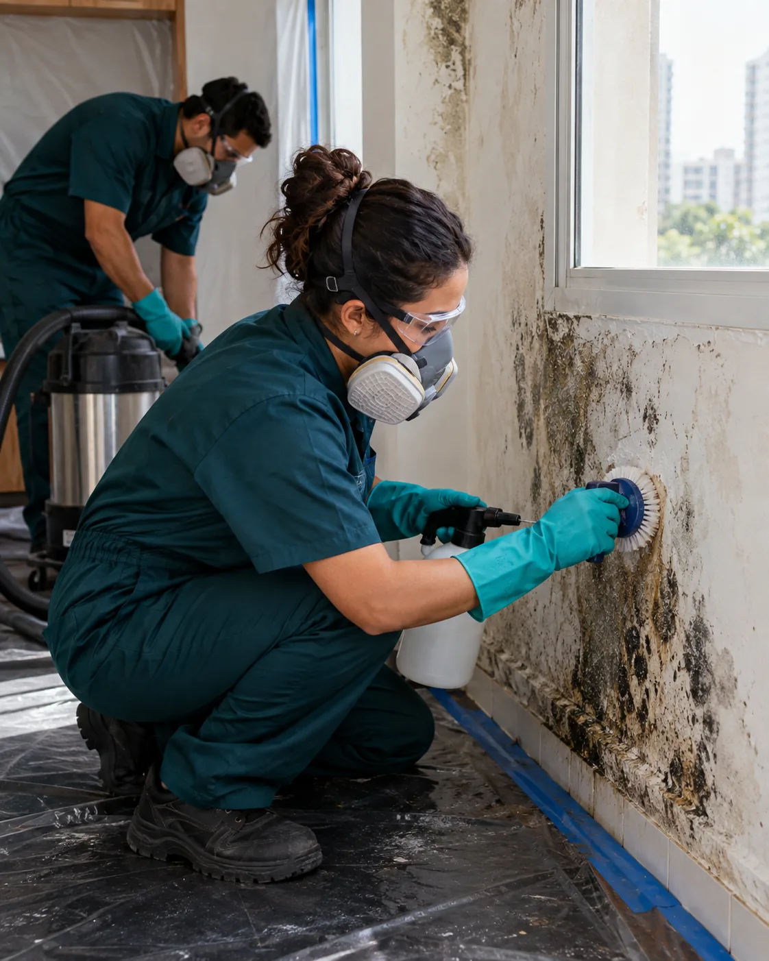 Profissional de empresa parceira fazendo descontaminação por mofo