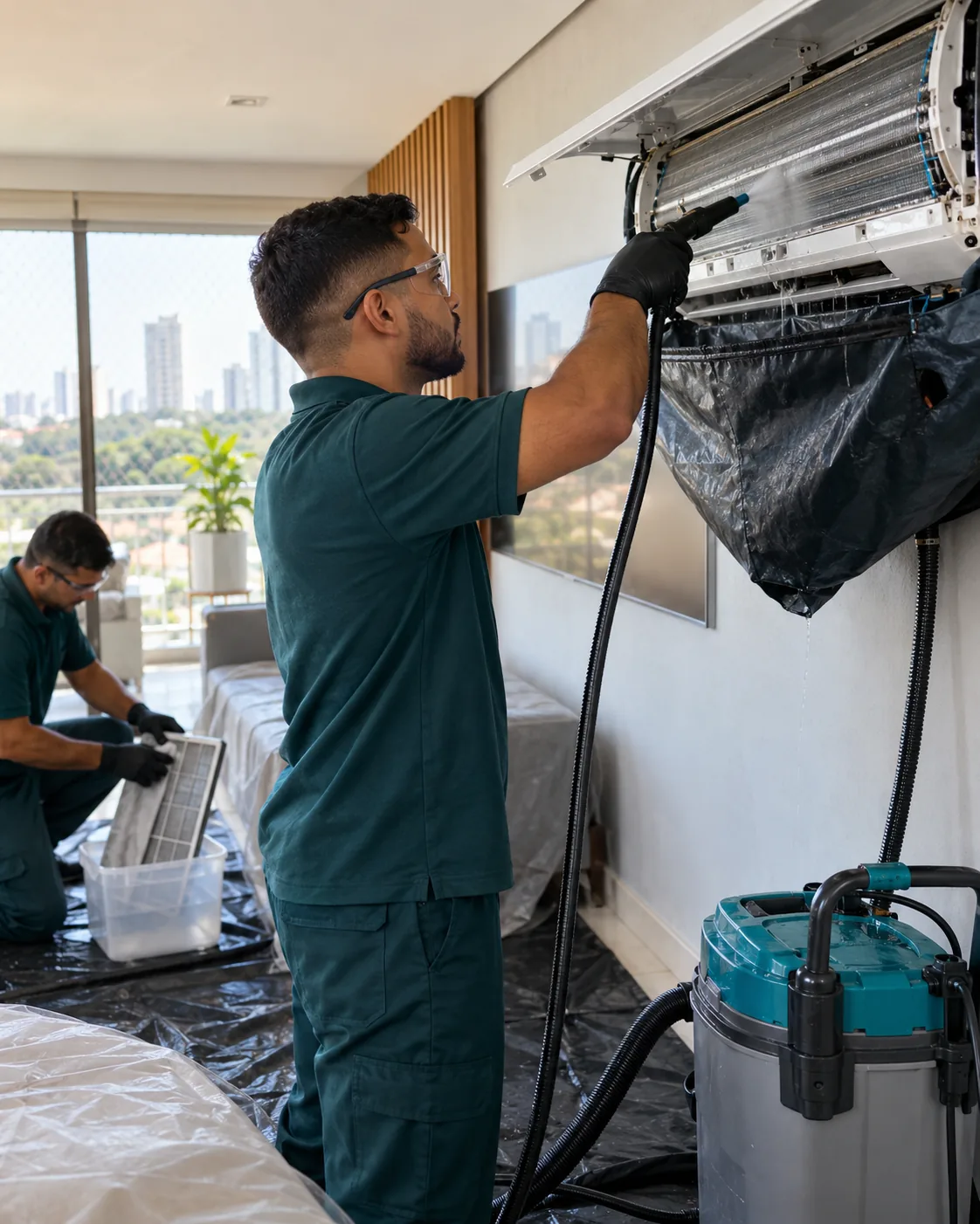 Profissional de empresa parceira fazendo higienização de ar-condicionado