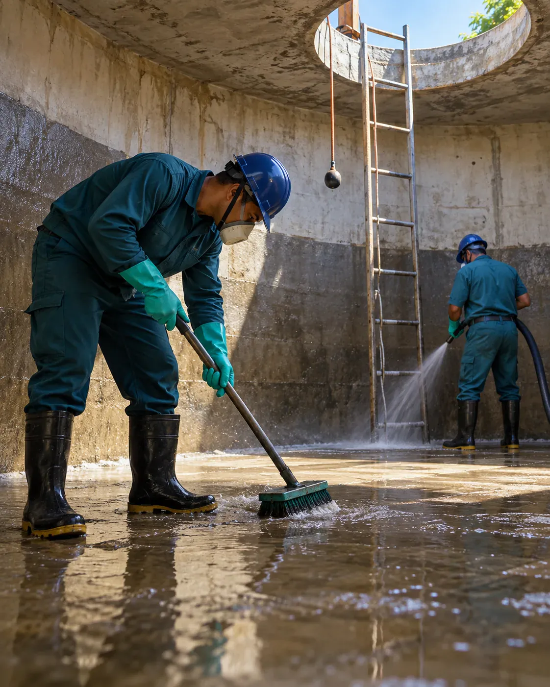 Profissional de empresa parceira fazendo limpeza de cisterna