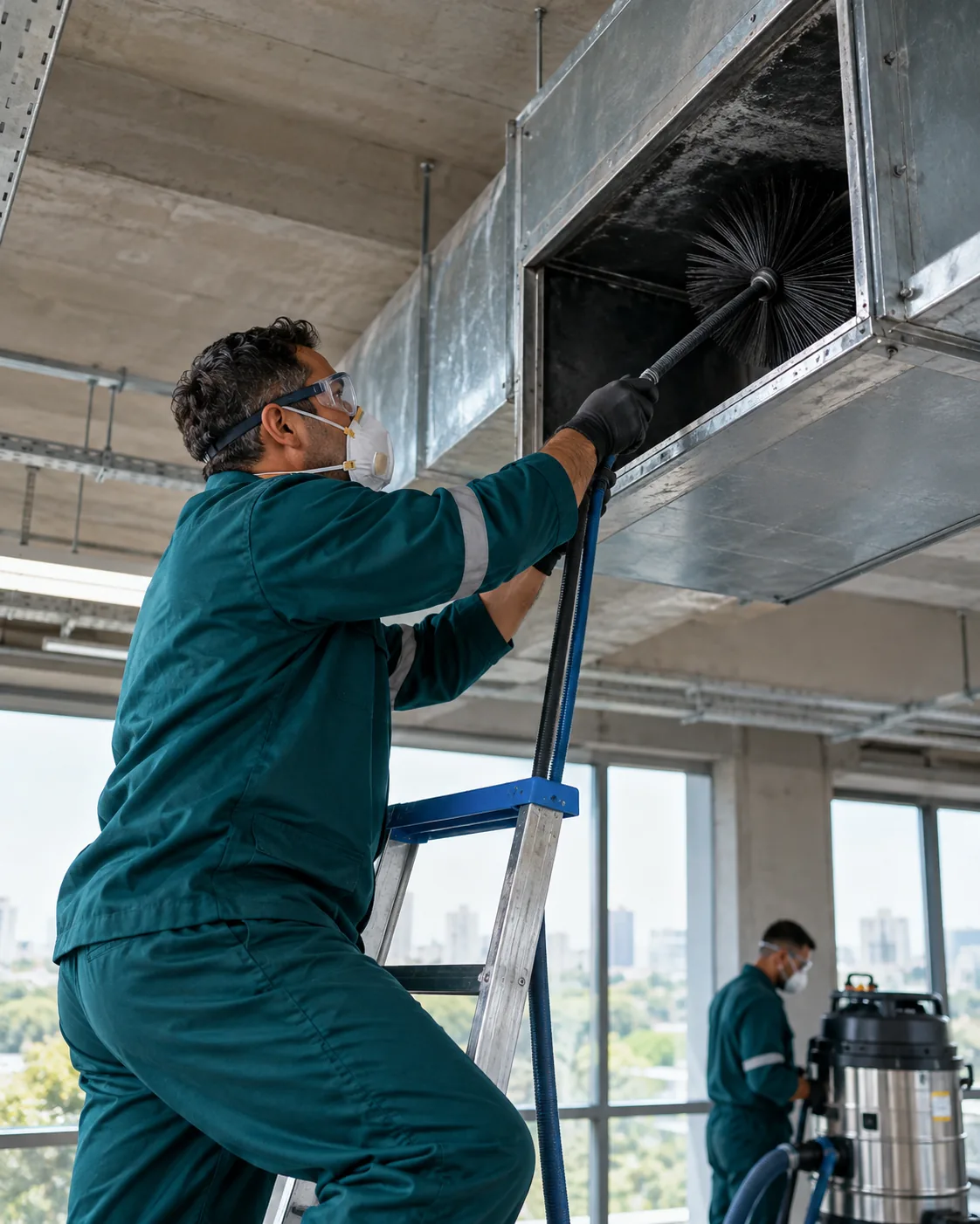 Profissional de empresa parceira fazendo limpeza de dutos de ar