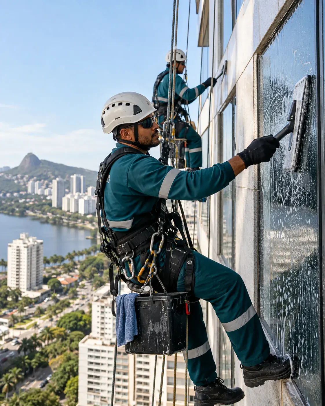 Profissional de empresa parceira fazendo limpeza de fachada