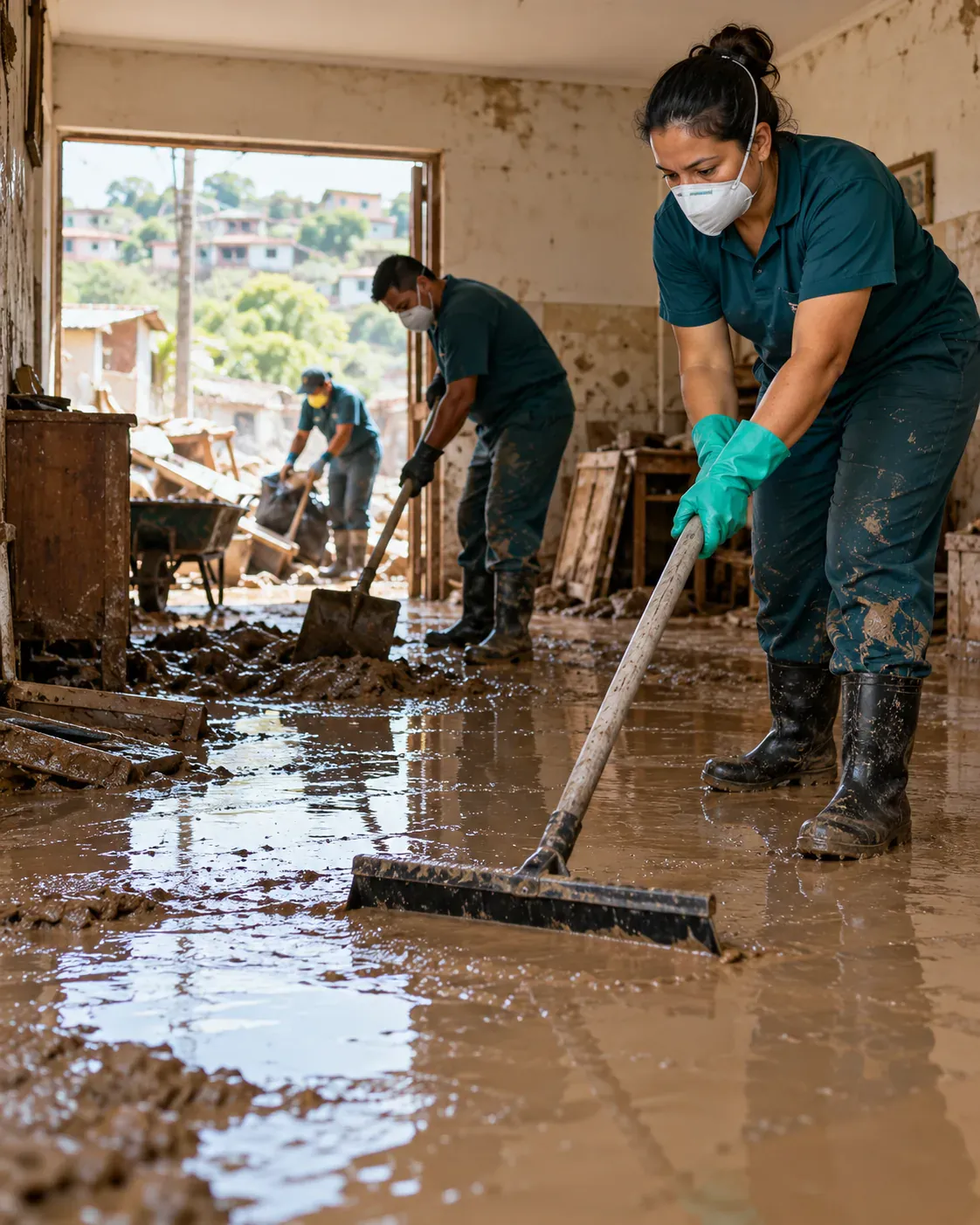 Profissional de empresa parceira fazendo limpeza pós-enchente