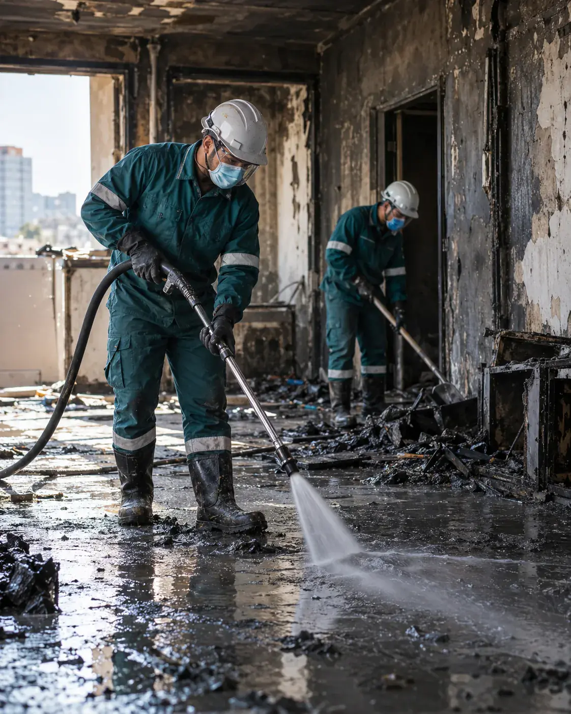 Profissional de empresa parceira fazendo limpeza pós-incêndio