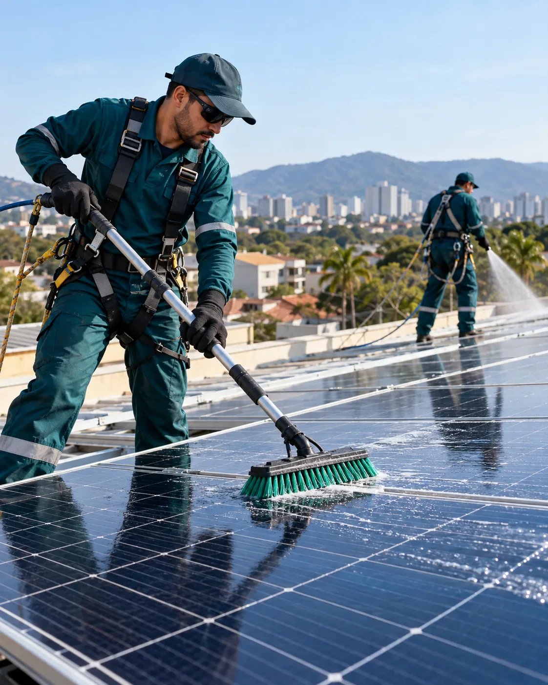 Profissional de empresa parceira fazendo limpeza de placas solares