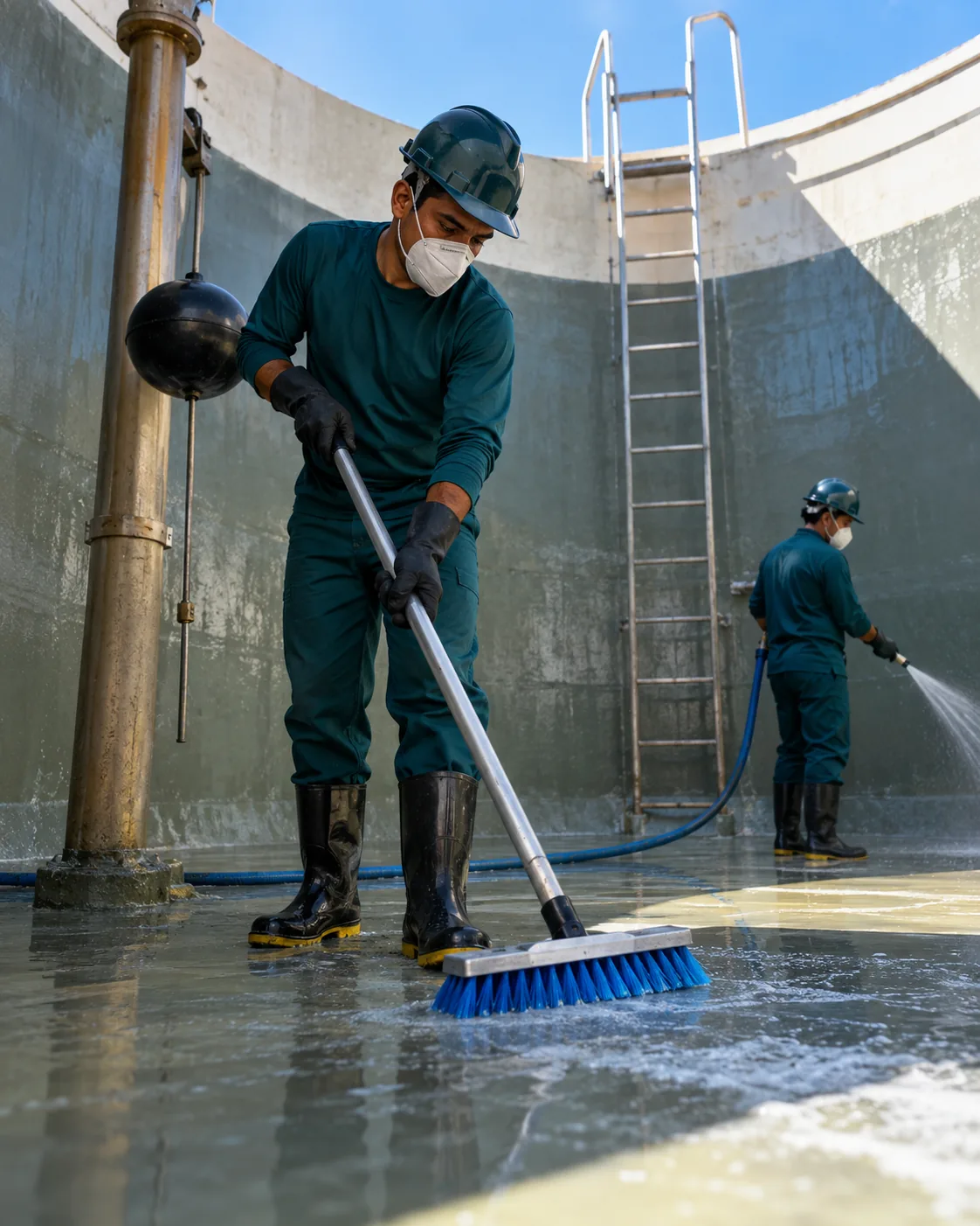 Profissional de empresa parceira fazendo limpeza de reservatório predial