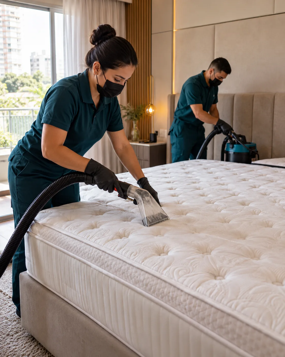 Profissional de empresa parceira fazendo higienização de colchão king