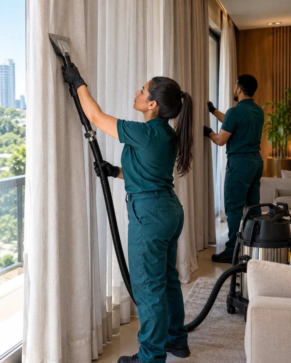 Profissional de empresa parceira fazendo higienização de cortina