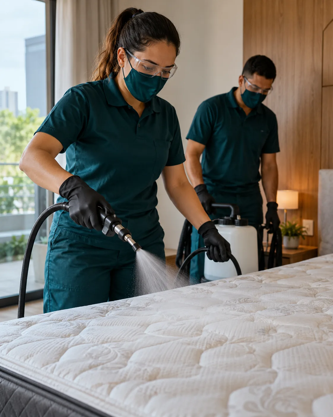 Profissional de empresa parceira fazendo impermeabilização de colchão