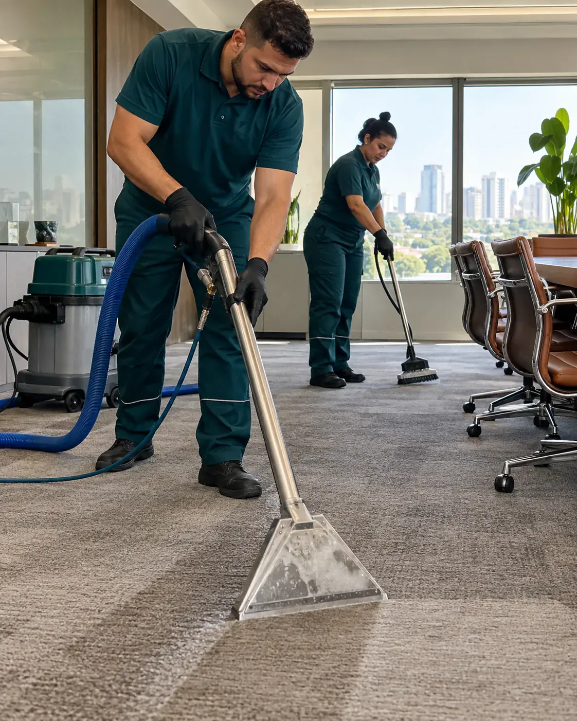 Profissional de empresa parceira fazendo lavagem de carpete
