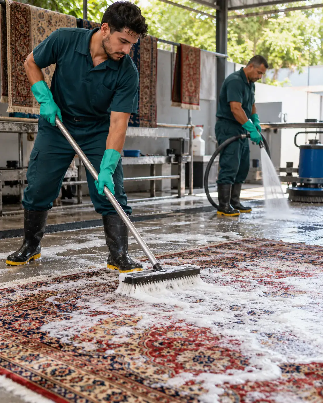 Profissional de empresa parceira fazendo lavagem de tapete persa