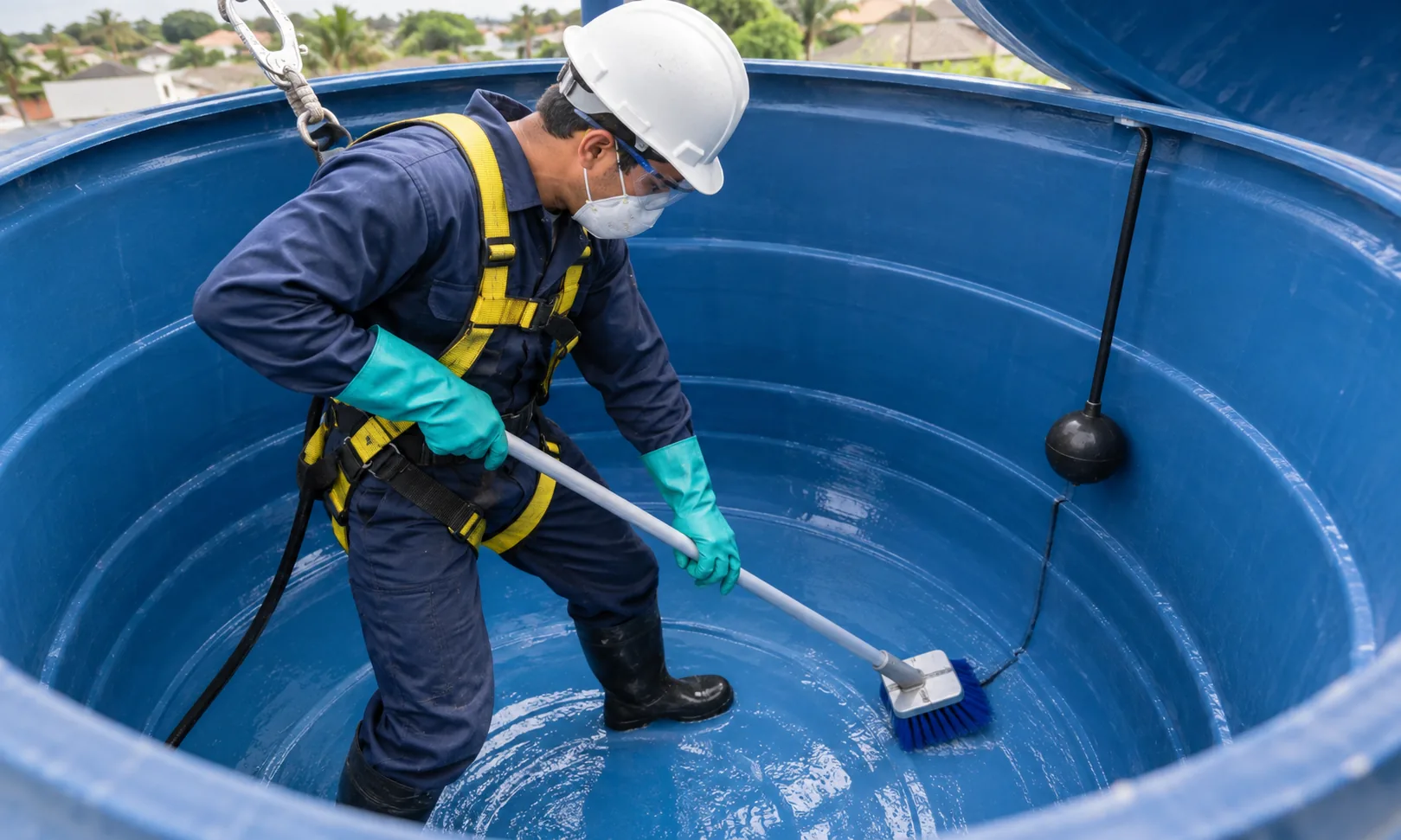 Profissional com equipamento de proteção dentro de uma caixa d'água