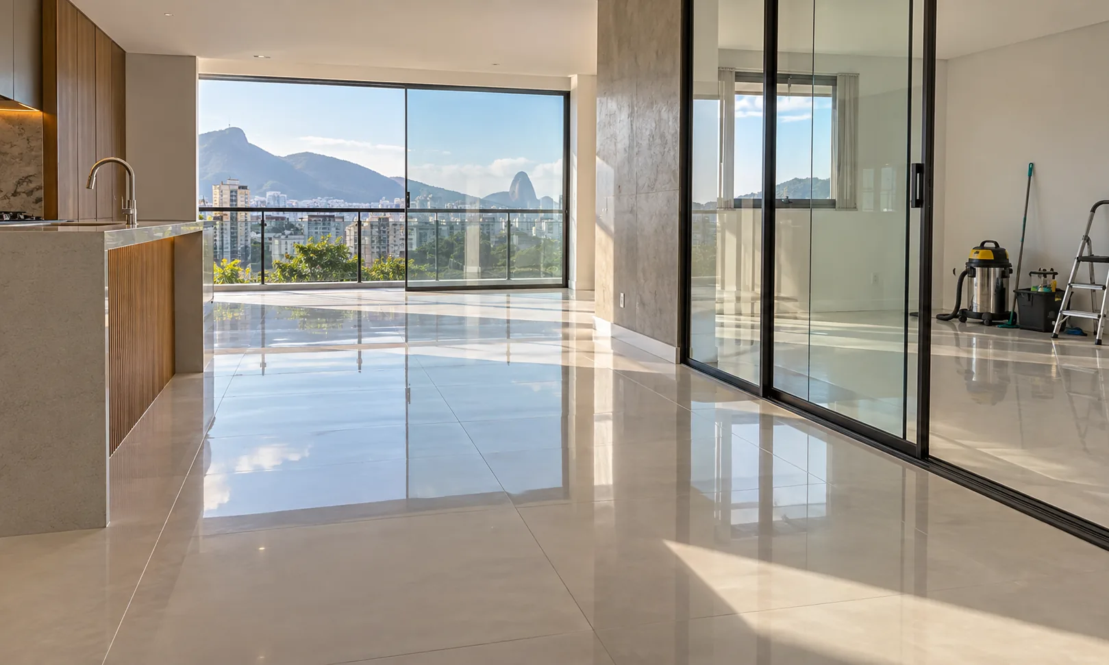 Sala com piso e janelas limpos depois de uma reforma