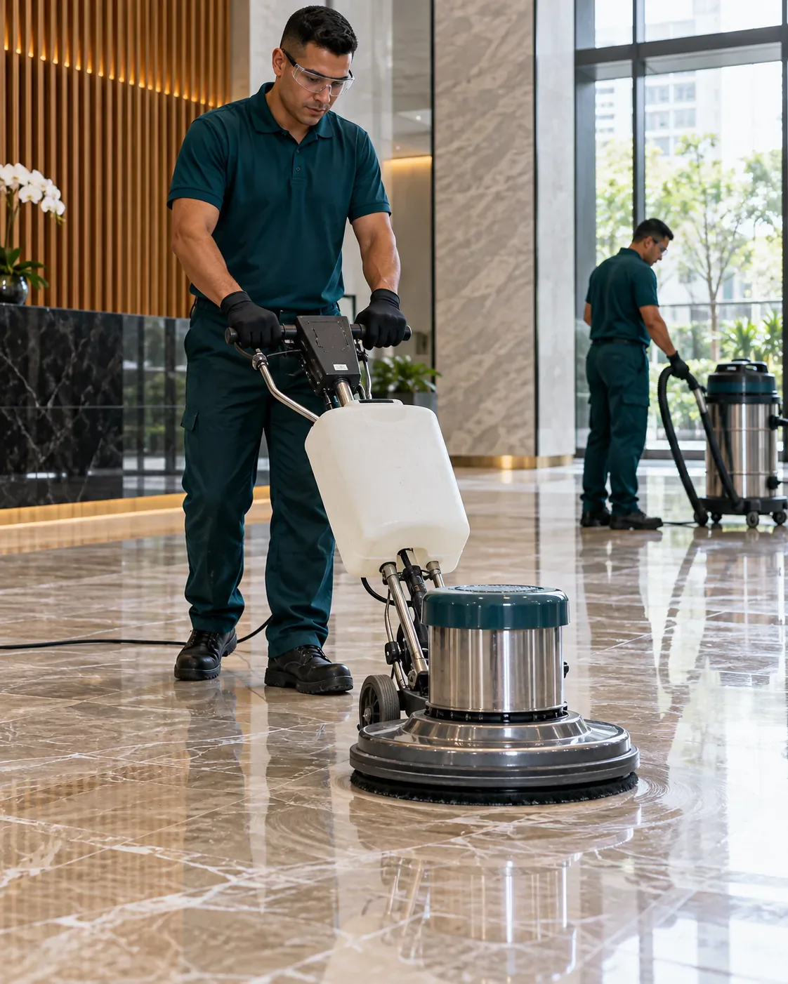 Profissional de empresa parceira fazendo cristalização de piso