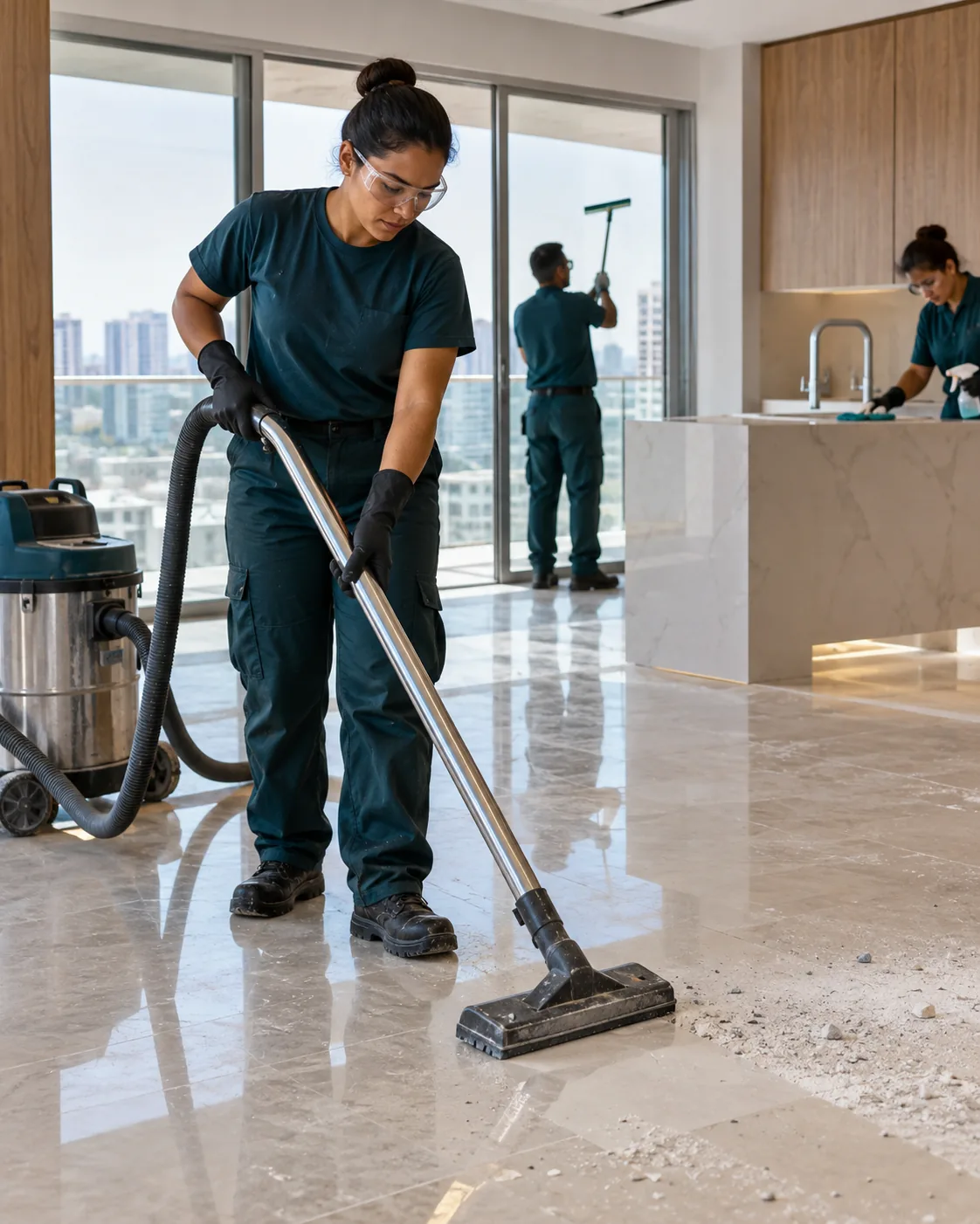 Profissional de empresa parceira fazendo limpeza fina pós-obra