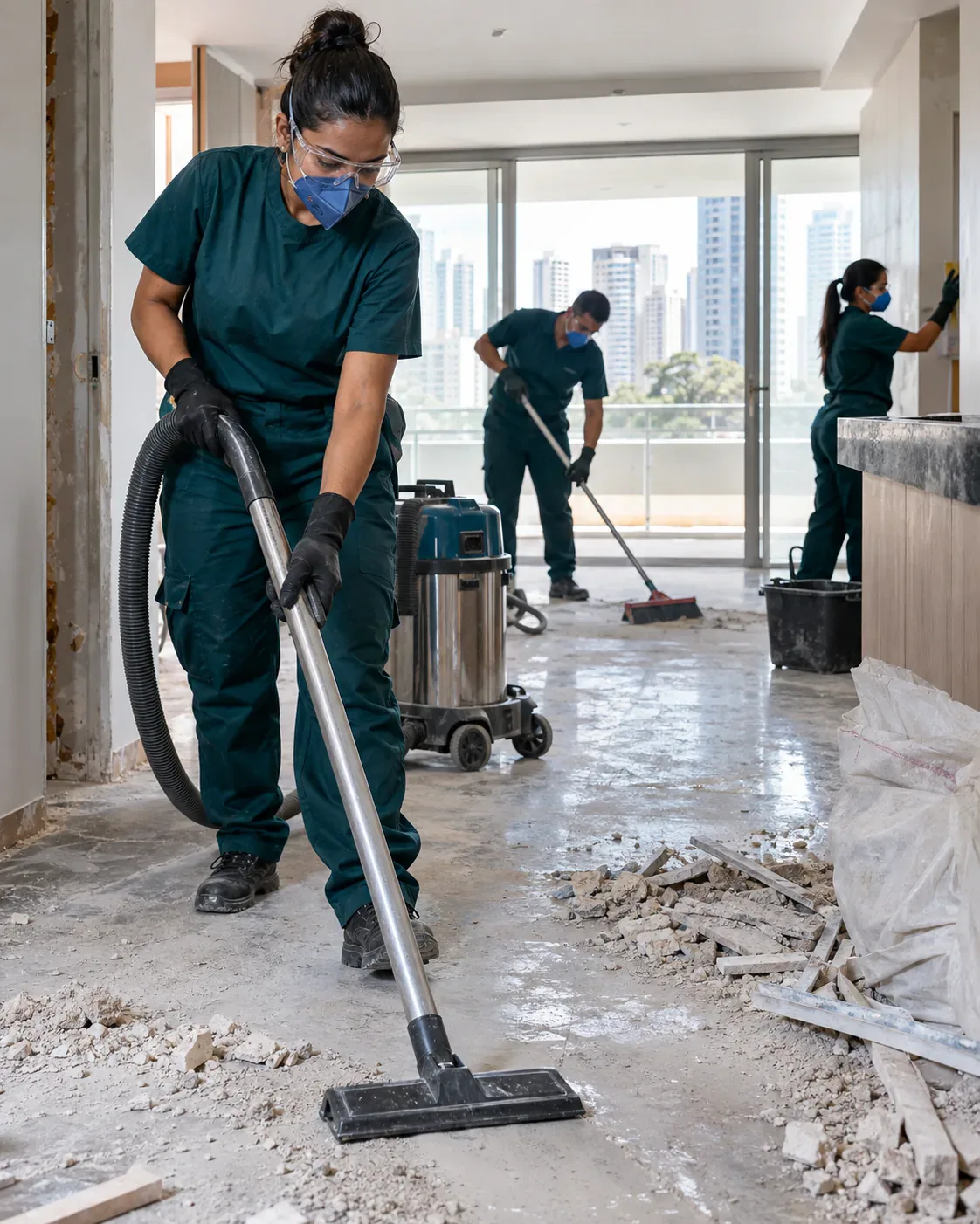 Profissional de empresa parceira fazendo limpeza grossa pós-obra