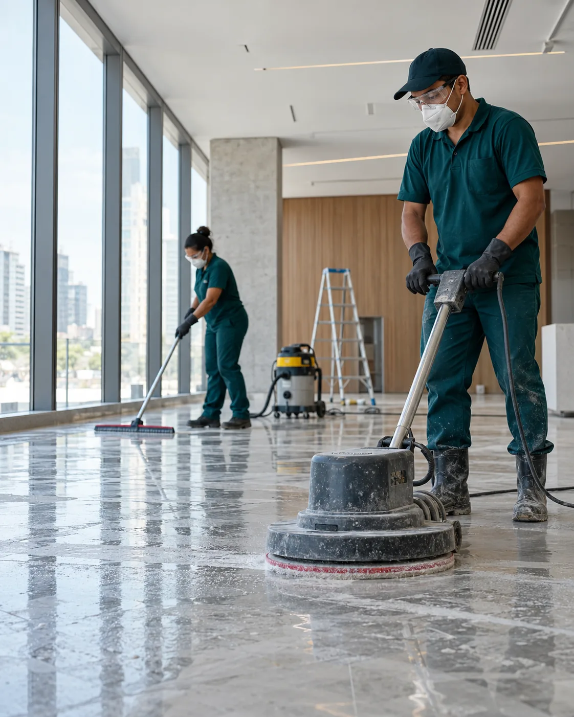 Profissional de empresa parceira fazendo limpeza pós-obra comercial