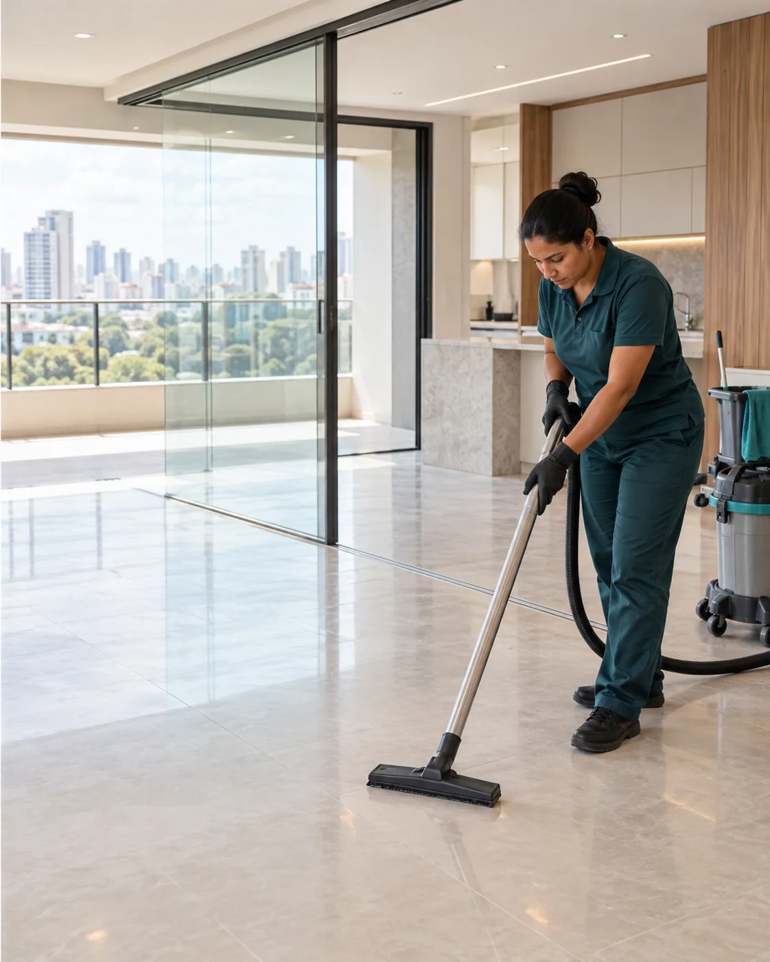 Profissional de empresa parceira removendo resíduo de obra em apartamento recém-reformado