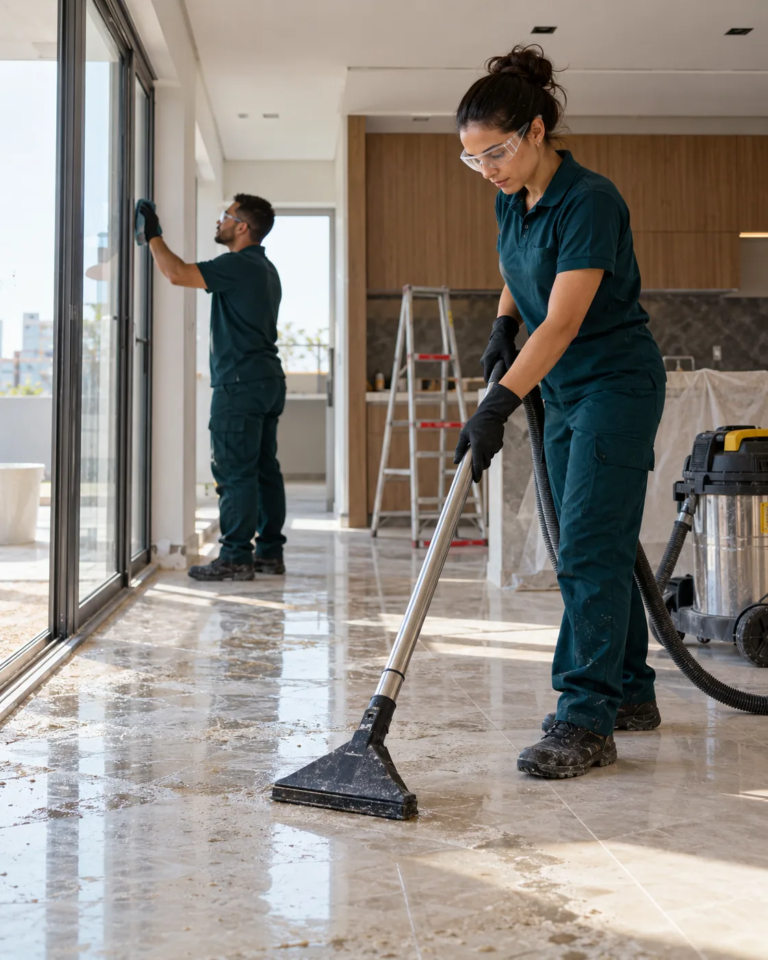 Profissional de empresa parceira fazendo limpeza pós-obra residencial