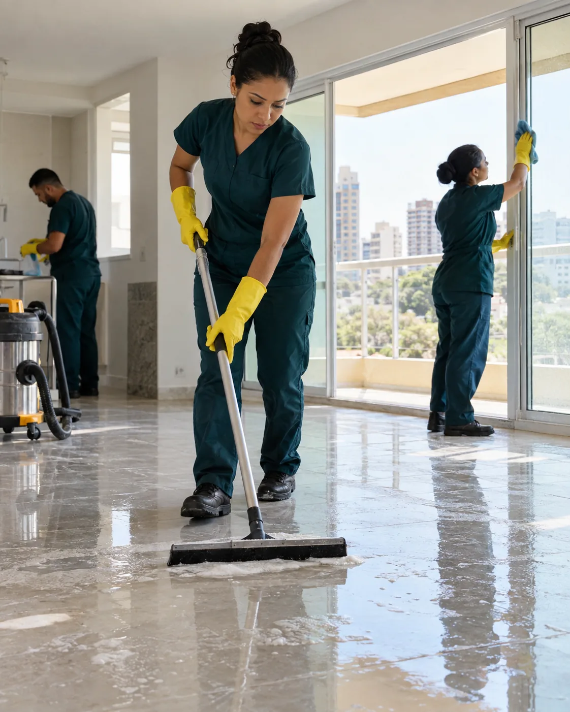 Profissional de empresa parceira fazendo limpeza para vistoria de imóvel