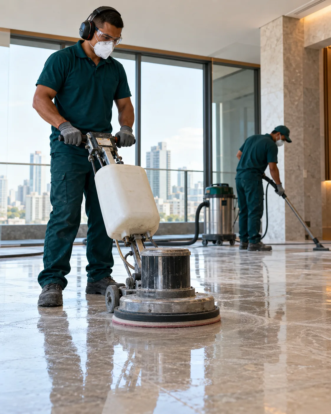 Profissional de empresa parceira fazendo polimento de piso pós-obra