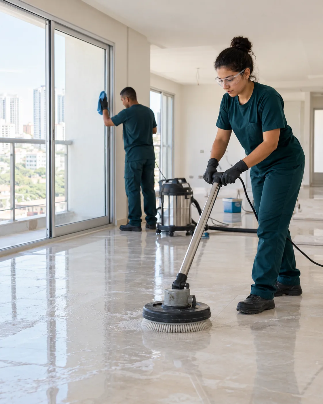 Profissional de empresa parceira fazendo limpeza pós-obra de apartamento