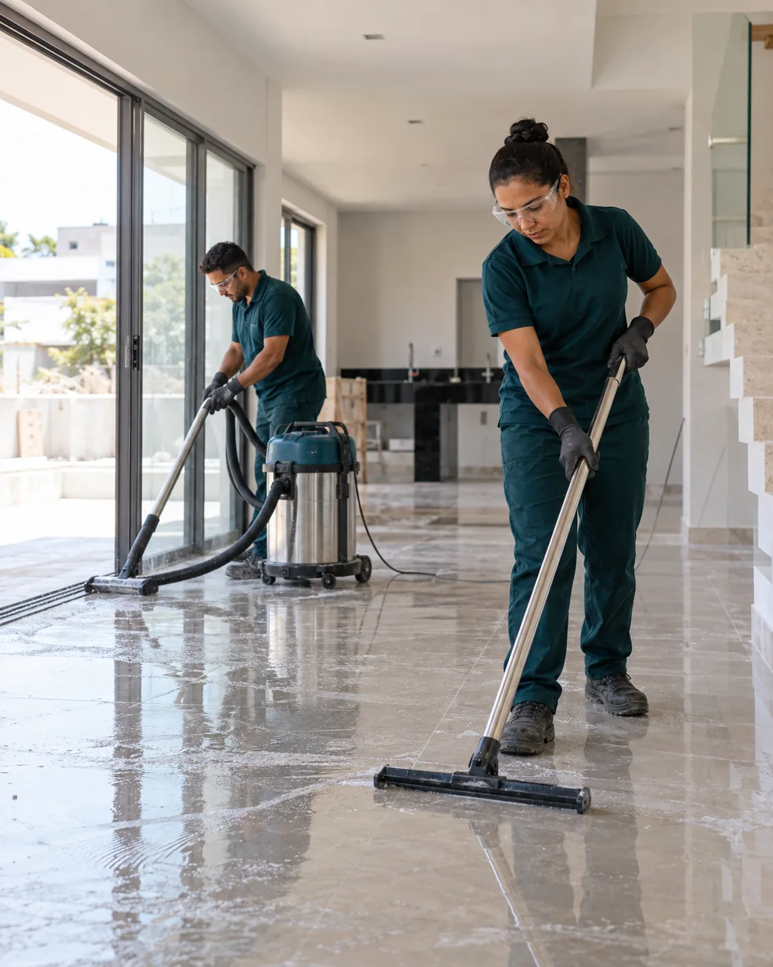 Profissional de empresa parceira fazendo limpeza pós-obra de casa