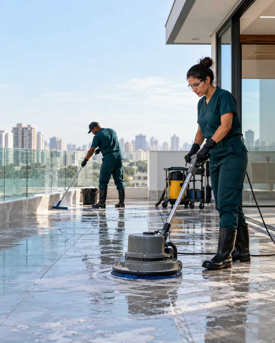 Profissional de empresa parceira fazendo limpeza pós-obra de cobertura