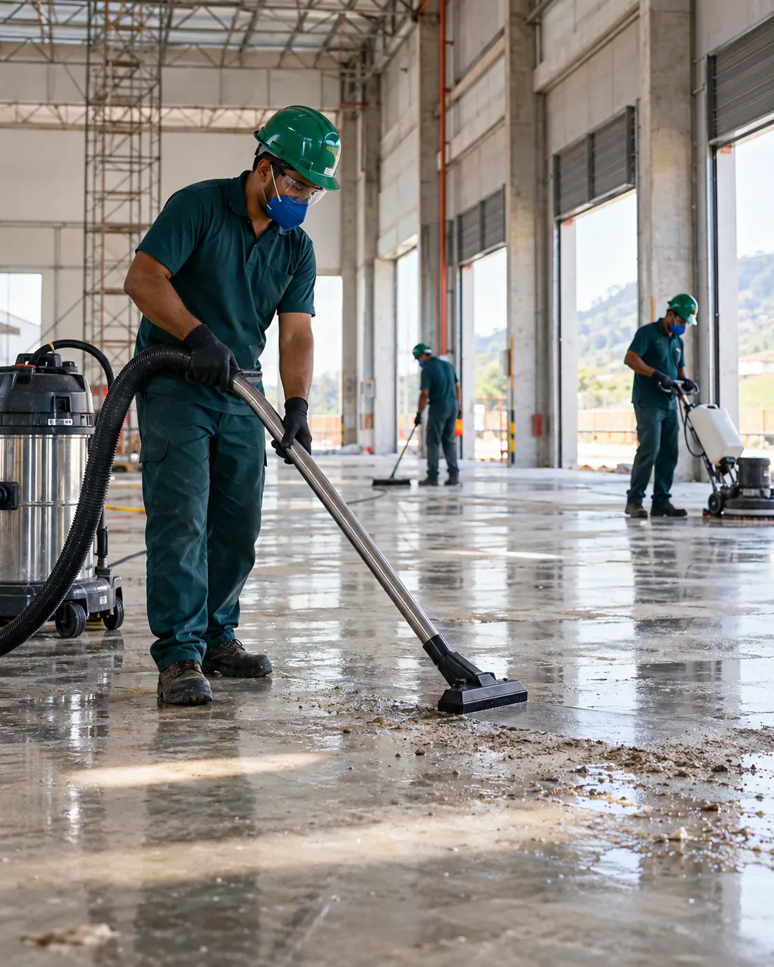 Profissional de empresa parceira fazendo limpeza pós-obra de galpão