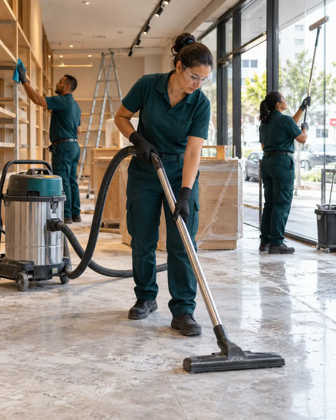 Profissional de empresa parceira fazendo limpeza pós-obra de loja