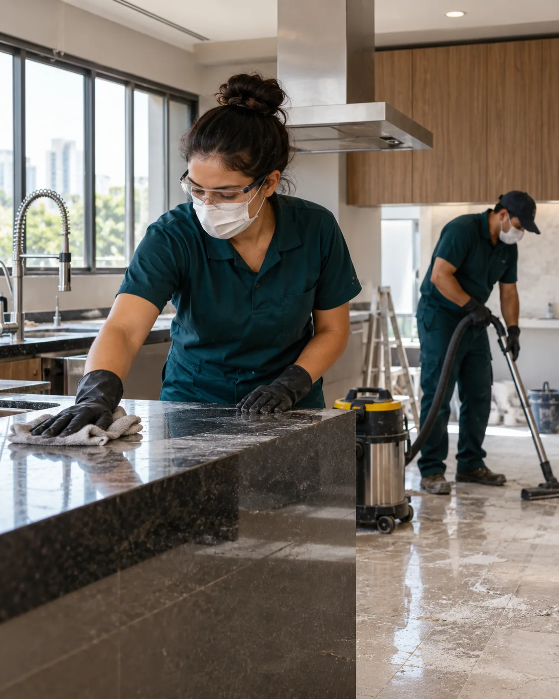 Profissional de empresa parceira fazendo limpeza pós-reforma de cozinha