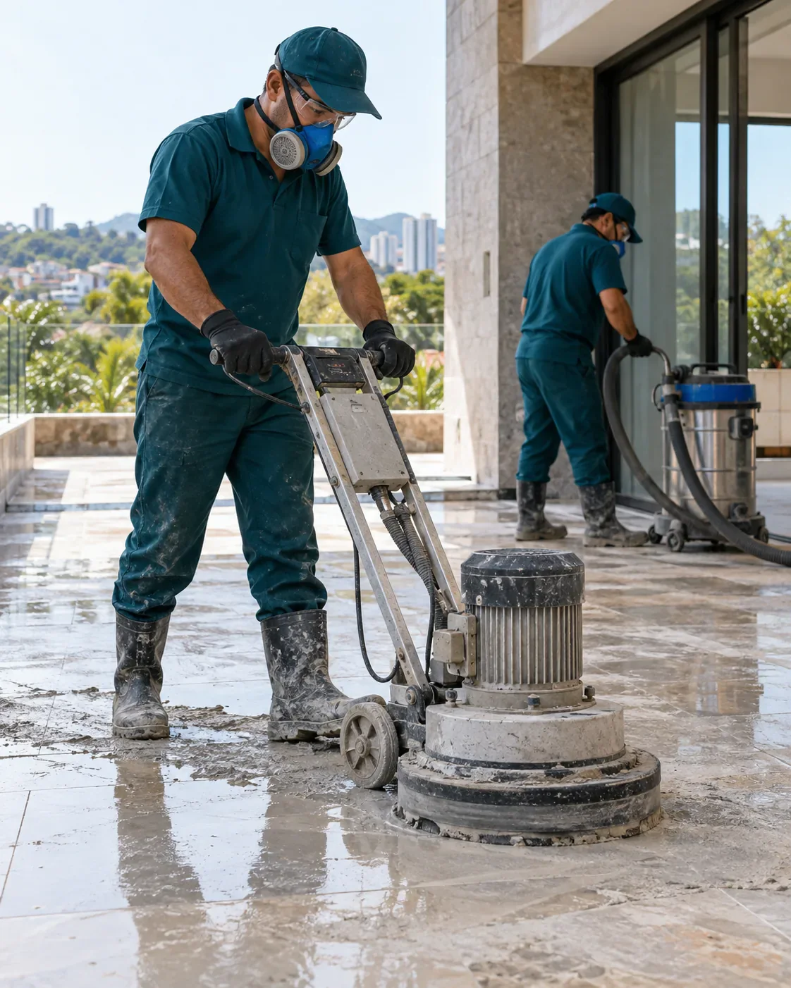 Profissional de empresa parceira fazendo remoção de cimento seco