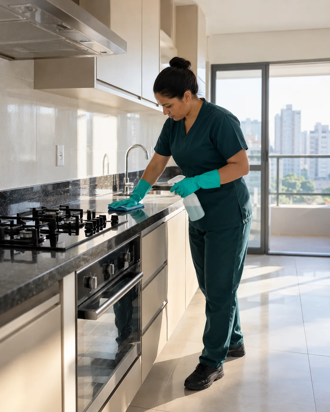 Profissional de empresa parceira limpando a bancada da cozinha de um apartamento