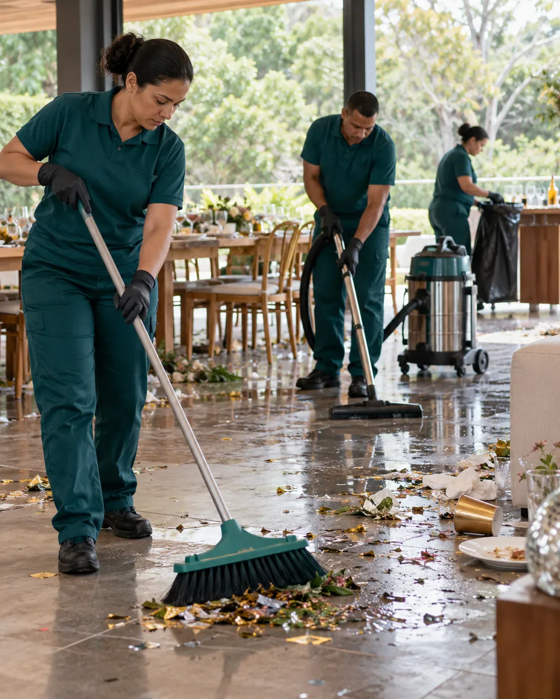 Profissional de empresa parceira fazendo limpeza pós-festa
