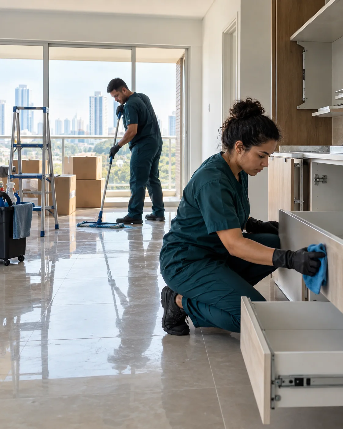 Profissional de empresa parceira fazendo limpeza pós-mudança