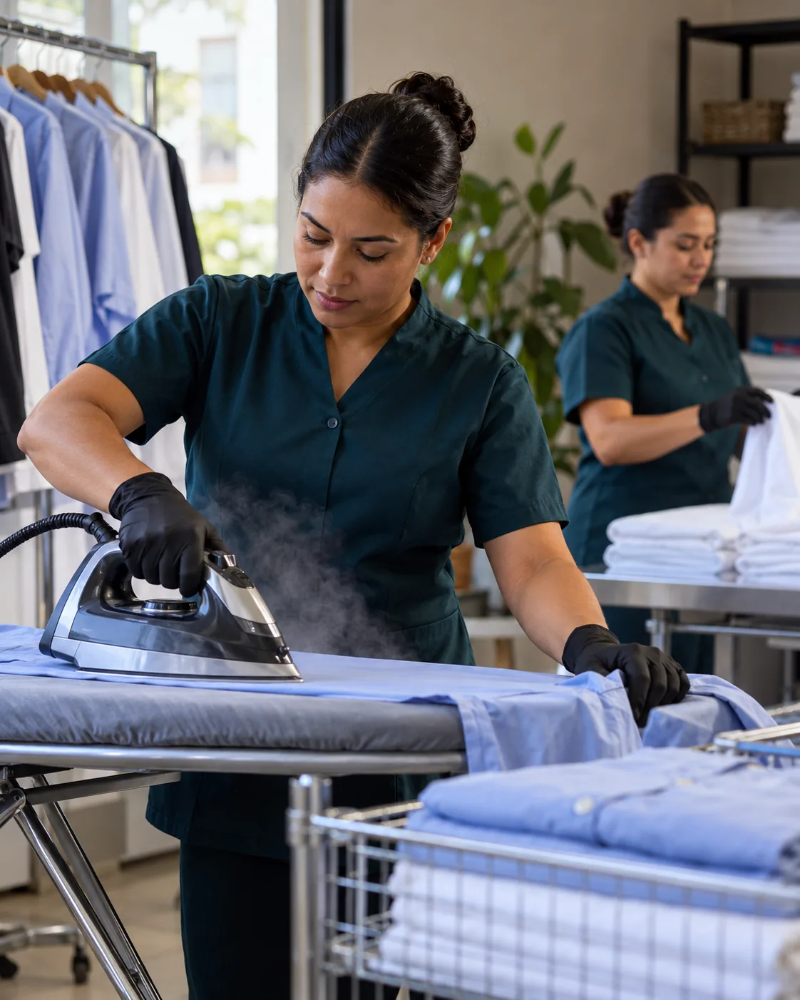 Profissional de empresa parceira fazendo passadoria de roupas
